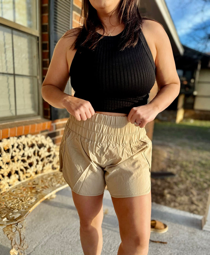 High Waistband WindbreakerSmocked Shorts  - Mocha