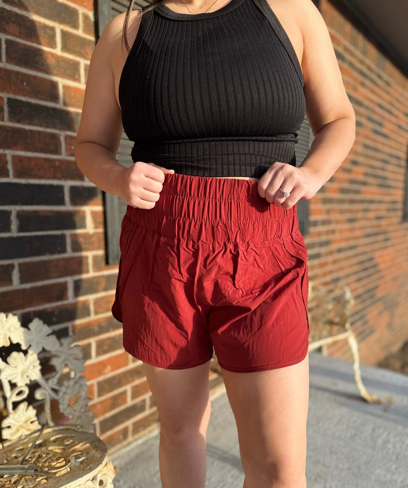 High Waistband WindbreakerSmocked Shorts  - Rust